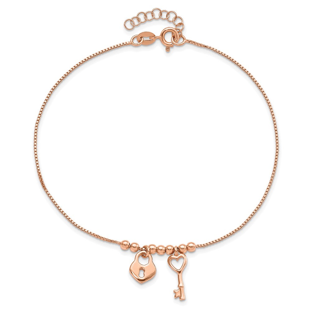 Sterling Silver Rose-tone Polished Heart Lock with 1in ext Anklet