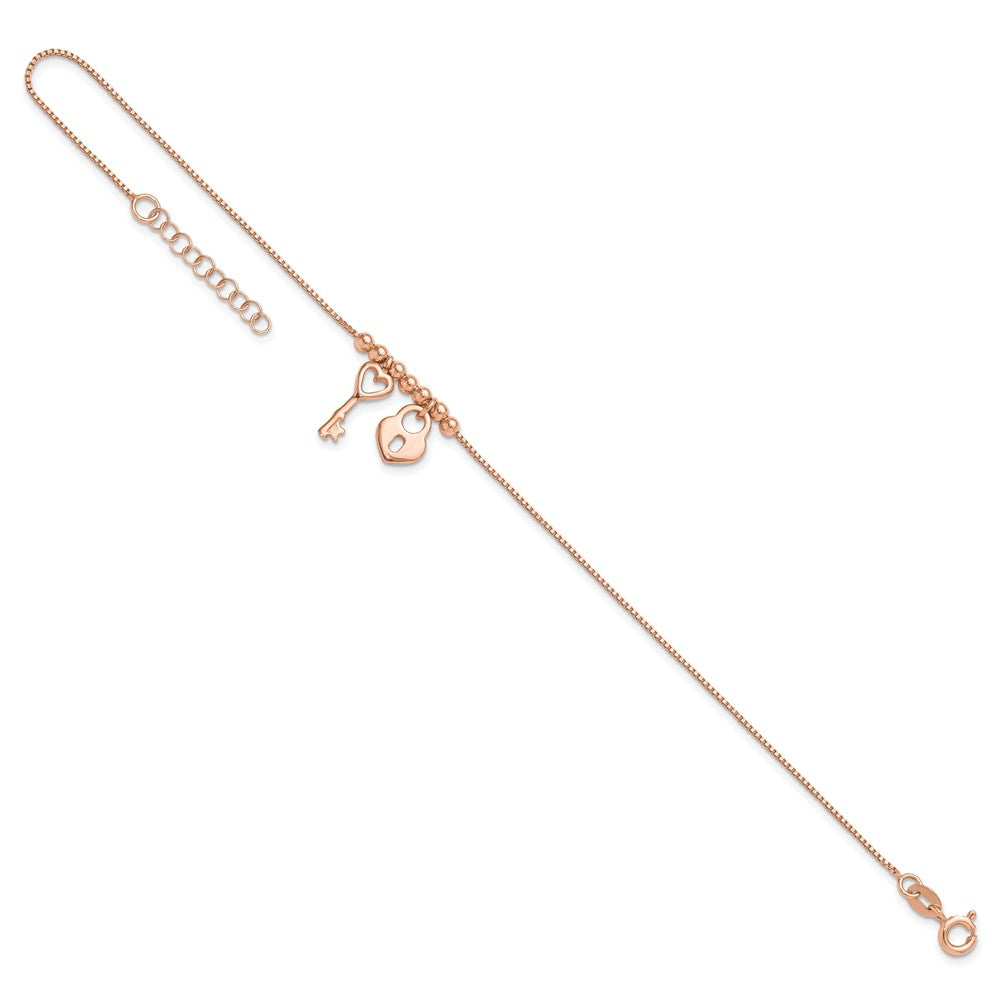 Sterling Silver Rose-tone Polished Heart Lock with 1in ext Anklet