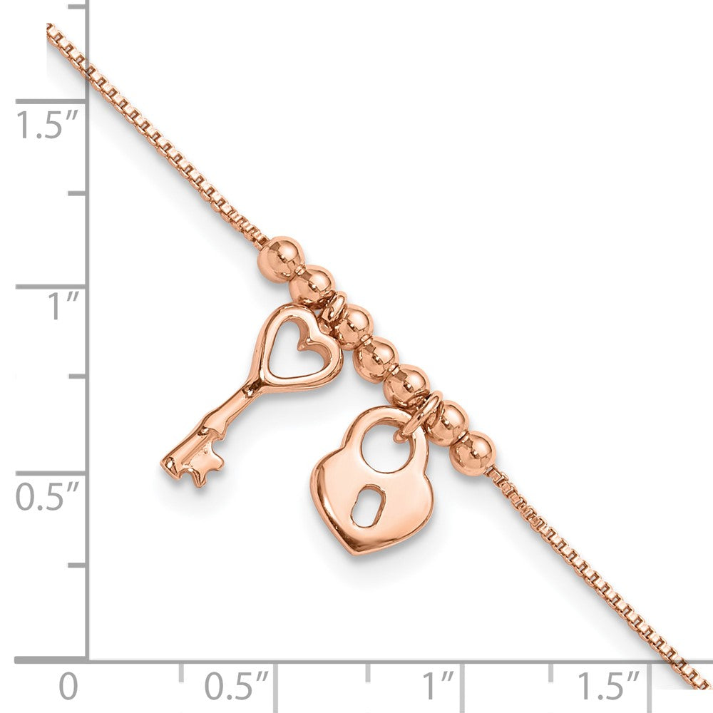 Sterling Silver Rose-tone Polished Heart Lock with 1in ext Anklet