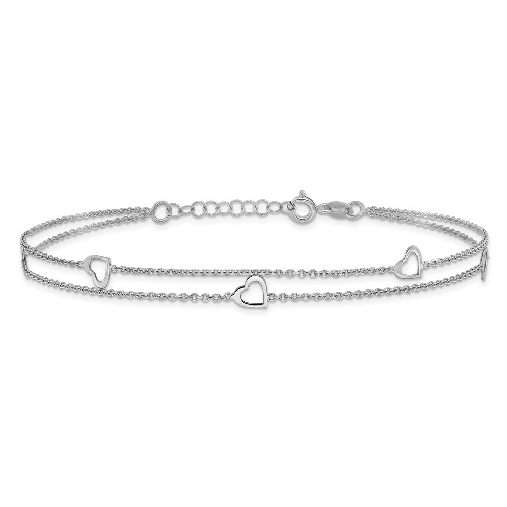 Sterling Silver Rhodium-plated 2-Strand 9 in Plus 1in ext. Heart Anklet