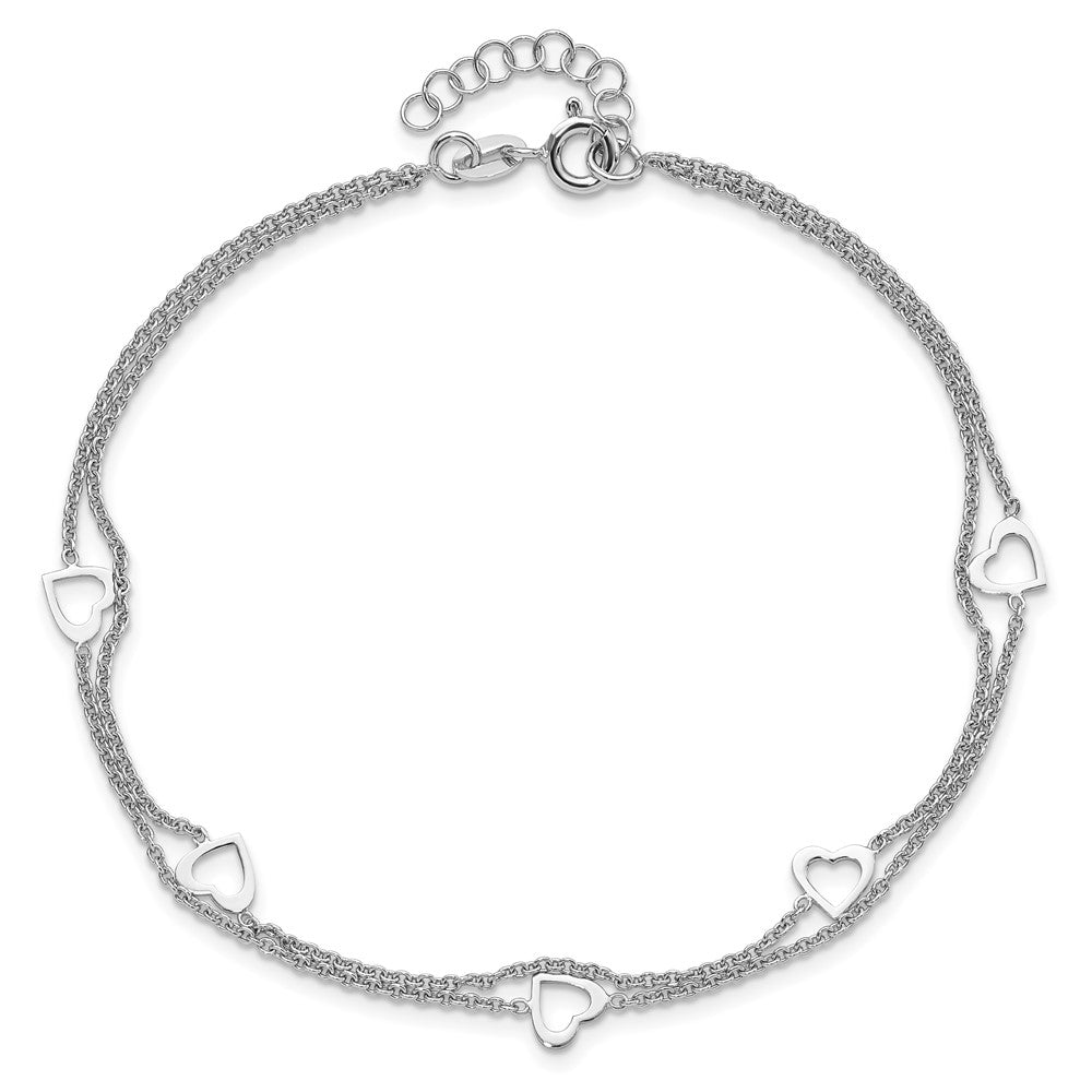 Sterling Silver Rhodium-plated 2-Strand 9 in Plus 1in ext. Heart Anklet