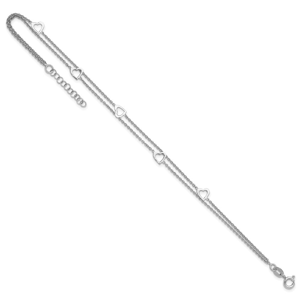 Sterling Silver Rhodium-plated 2-Strand 9 in Plus 1in ext. Heart Anklet