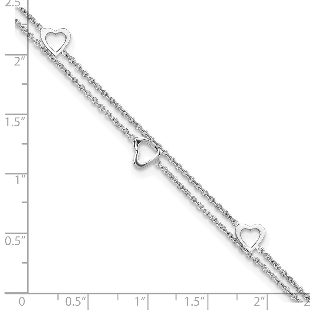 Sterling Silver Rhodium-plated 2-Strand 9 in Plus 1in ext. Heart Anklet