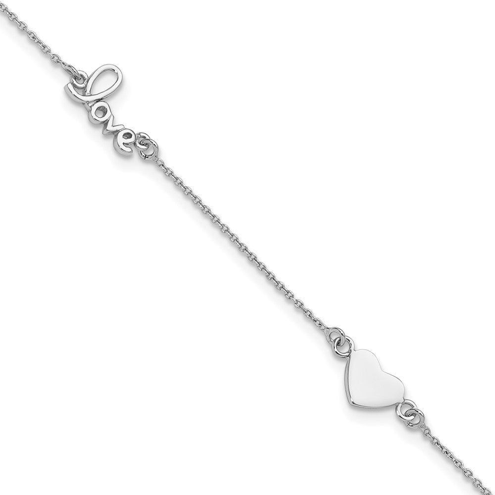 Sterling Silver Rhodium-plated Heart and LOVE 9in Plus 1in ext. Anklet