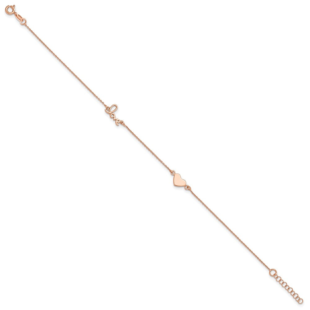 Sterling Silver Rose-tone Love and Heart 9in Plus 1in ext Anklet