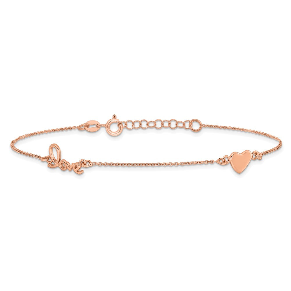 Sterling Silver Rose-tone Love and Heart 9in Plus 1in ext Anklet