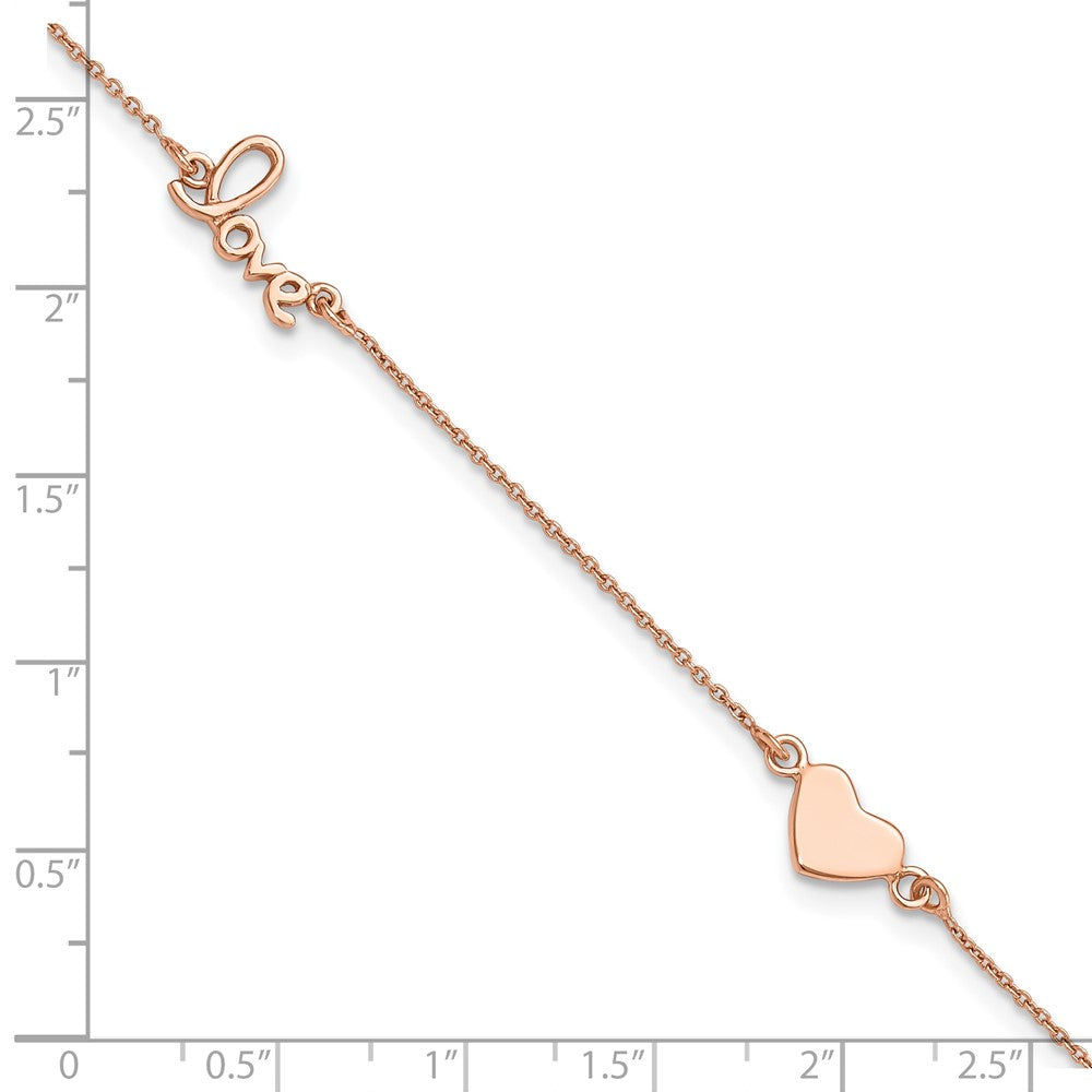 Sterling Silver Rose-tone Love and Heart 9in Plus 1in ext Anklet