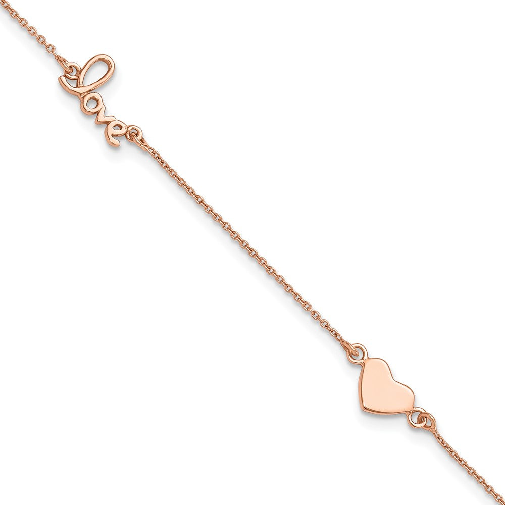 Sterling Silver Rose-tone Love and Heart 9in Plus 1in ext Anklet