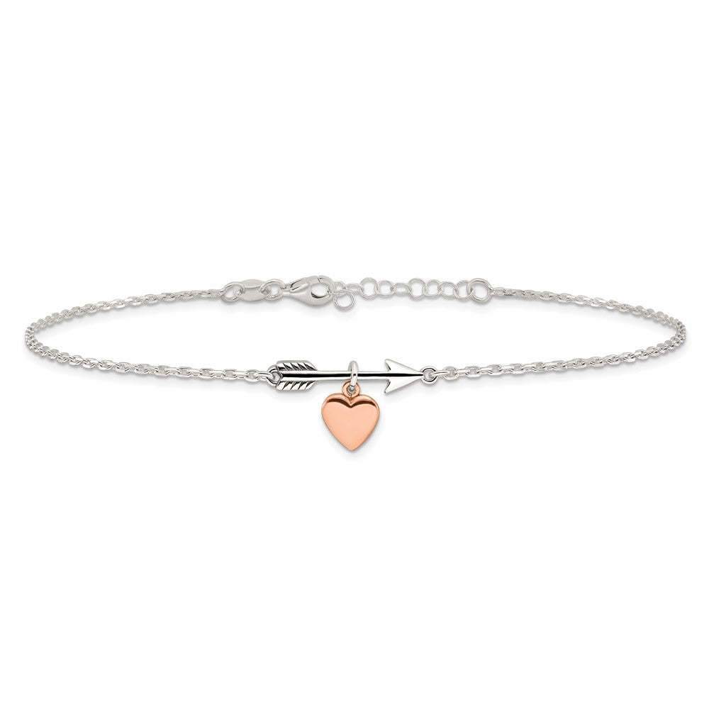 Sterling Silver Arrow with Rose-tone Heart 10in Plus 1 inch Ext Anklet