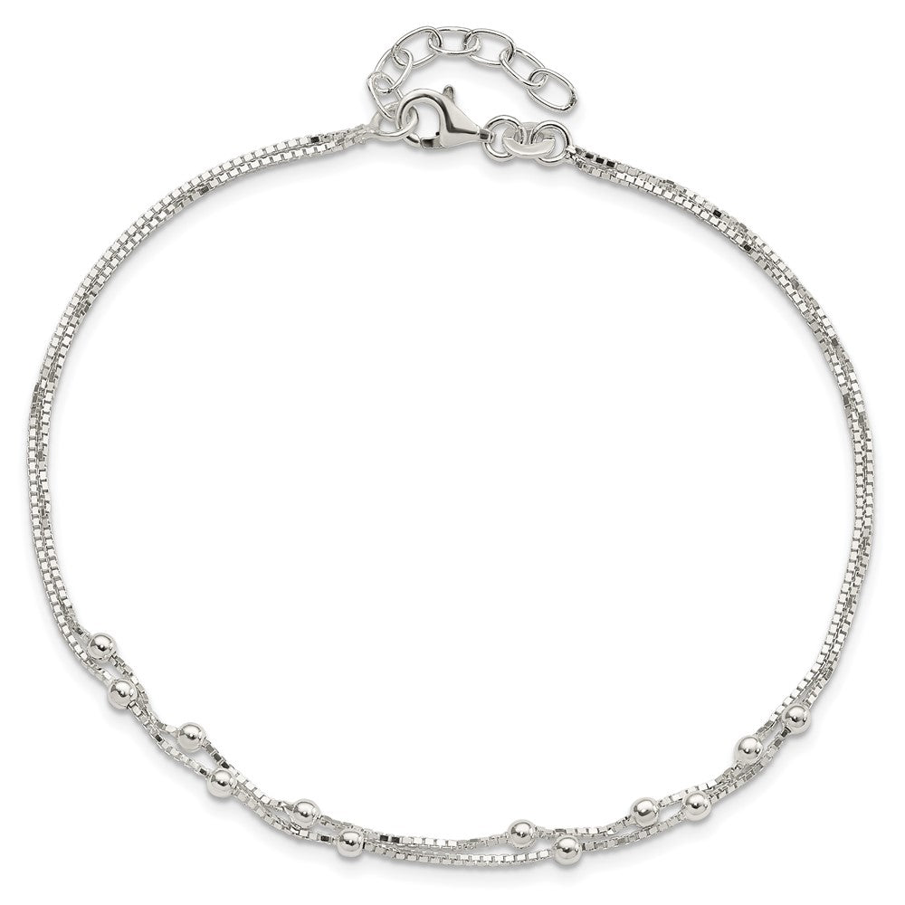 Sterling Silver Polished Beaded 2-strand Plus ext. Anklet