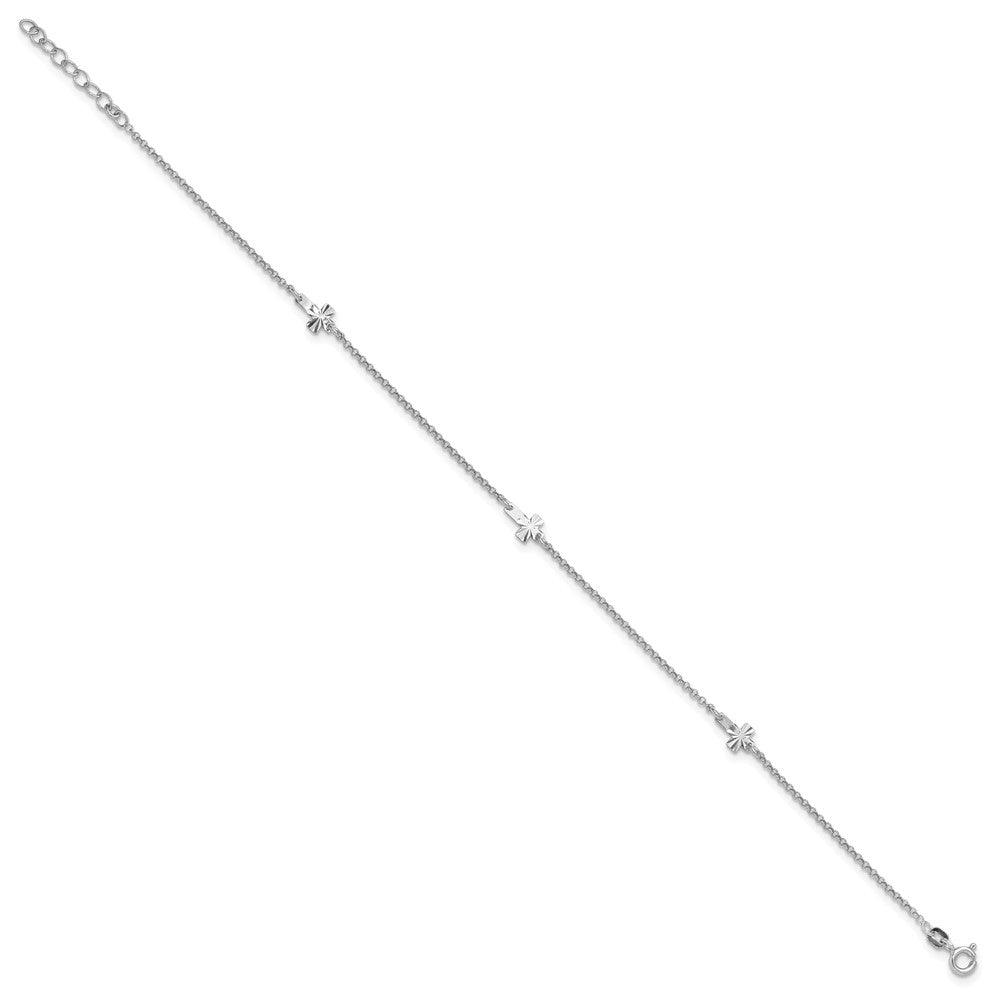 Sterling Silver Rhodium-plated Diamond-cut Crosses 9in Plus 1in Ext. Ankle