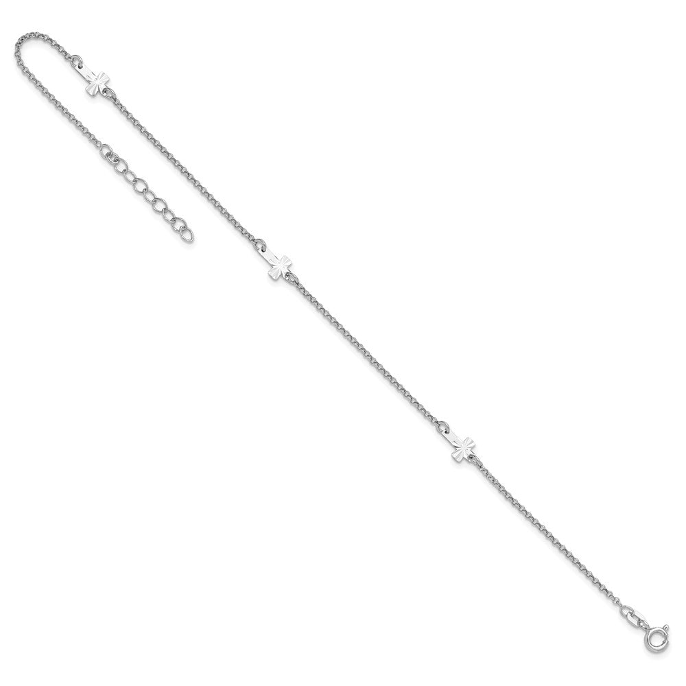 Sterling Silver Rhodium-plated Diamond-cut Crosses 9in Plus 1in Ext. Ankle