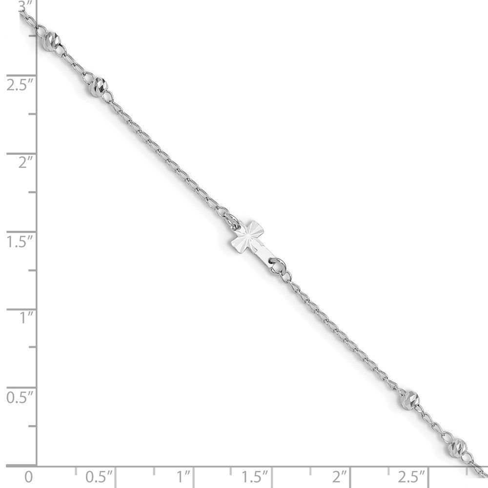 Sterling Silver Rhod-plated Diamond-cut Beads 9in Plus 1in Ext. Cross Ankle