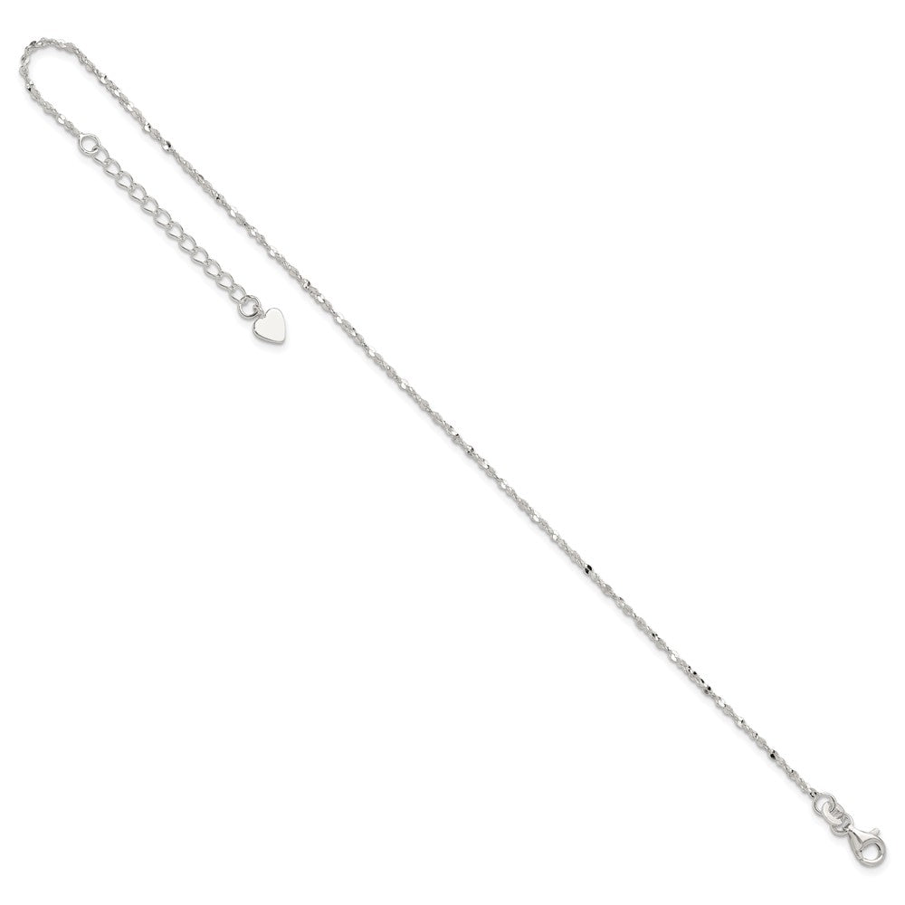Sterling Silver Twisted Serpentine Heart 9 inch Plus 1.5 inch ext. Anklet