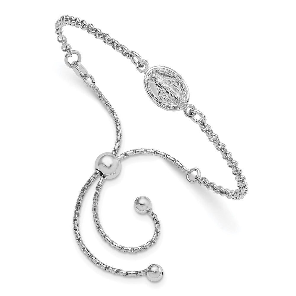 Sterling Silver Rhodium-Plate Miraculous Medal Adjustable 4-9in Bracelet