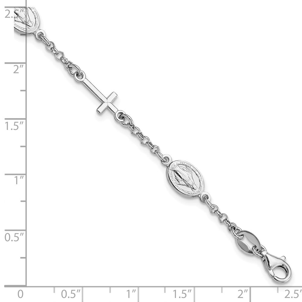 Sterling Silver RH-Plate Cross Miraculous Medal 6in w/1in ext Bracelet