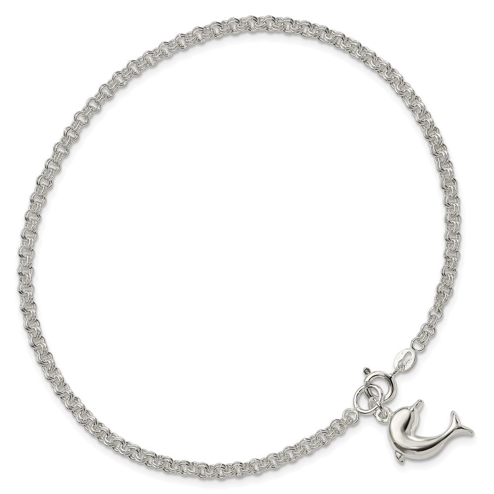 Sterling Silver Hollow Polished 3-D Dolphin Anklet
