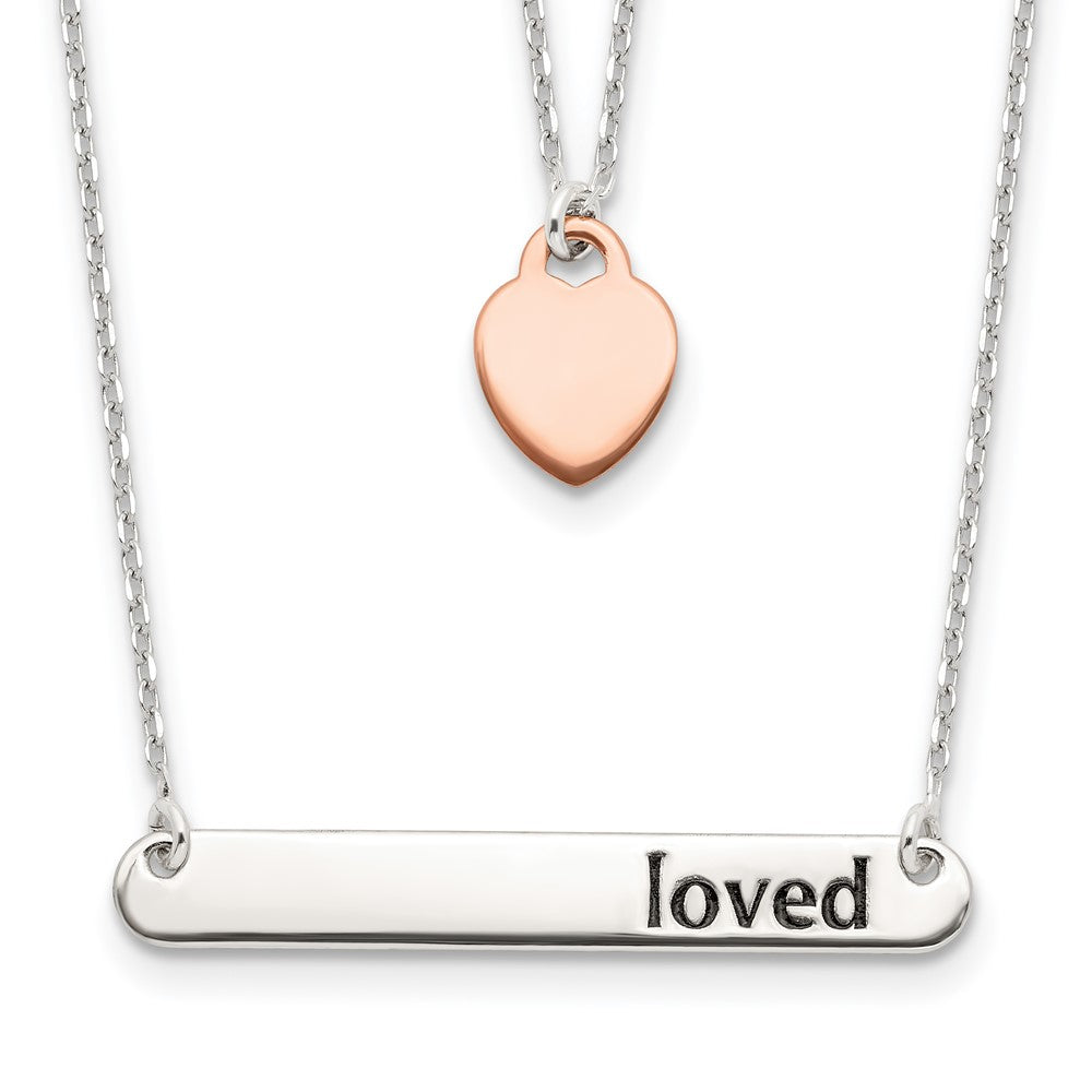 Sterling Silver Rose-tone Heart Enameled LOVED 16in Bar Necklace