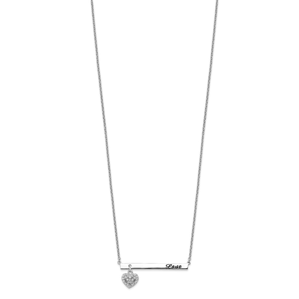 Sterling Silver Rhodium Plated CZ Heart w/ Antiqued LOVE Bar 16in Necklace