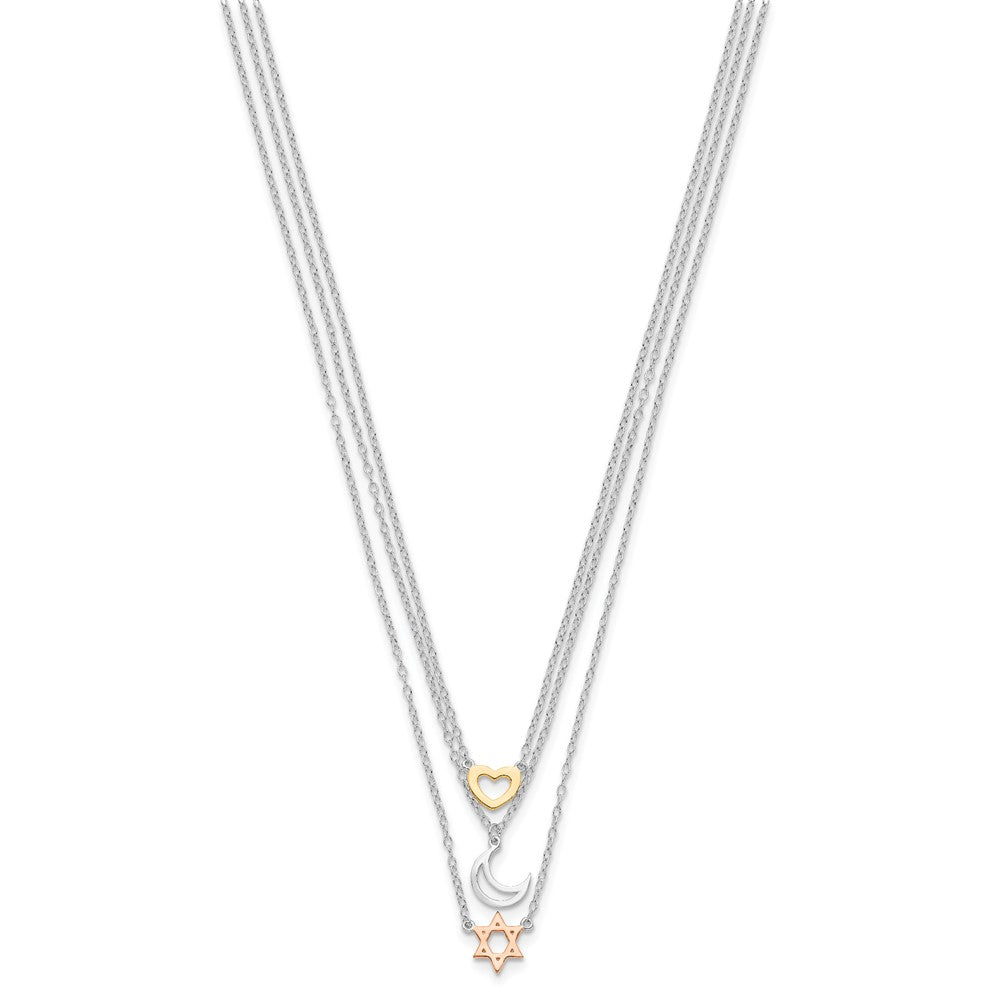 Sterling Silver RH-pltd Gold and Rose-plated Sun Moon Star Necklace