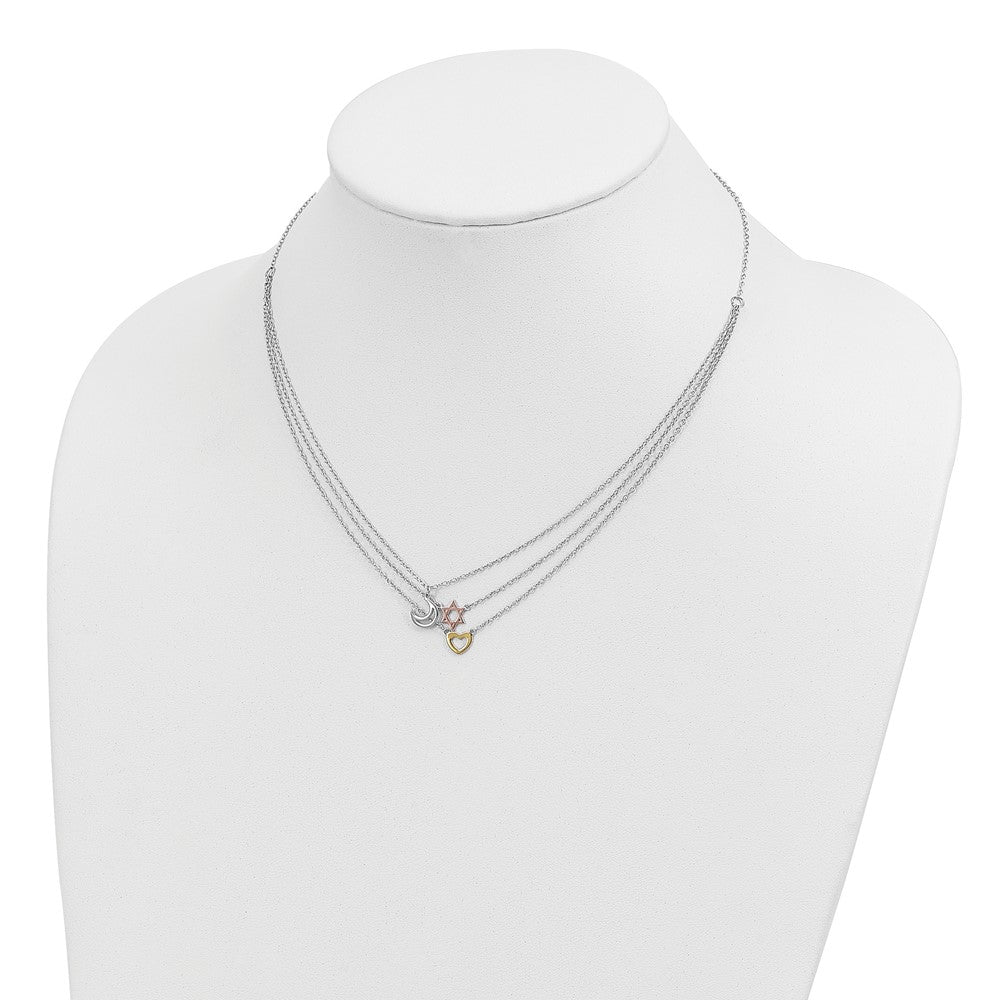 Sterling Silver RH-pltd Gold and Rose-plated Sun Moon Star Necklace
