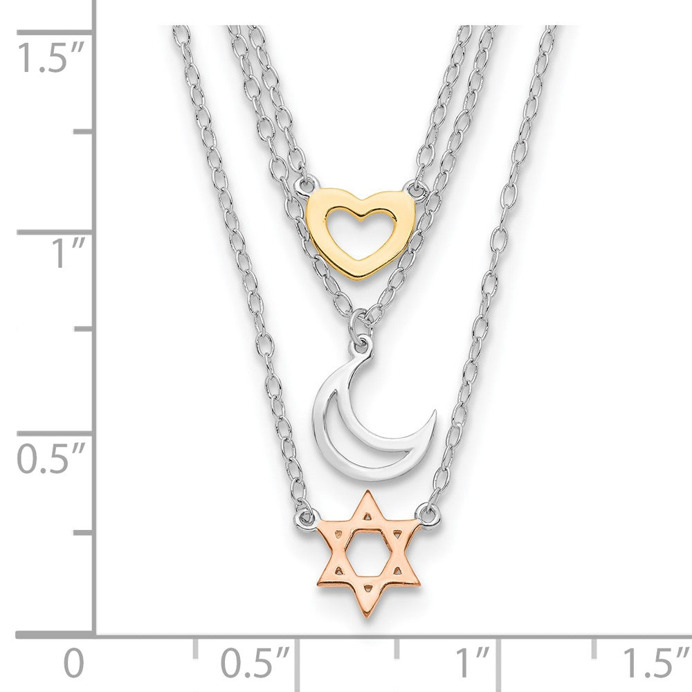 Sterling Silver RH-pltd Gold and Rose-plated Sun Moon Star Necklace