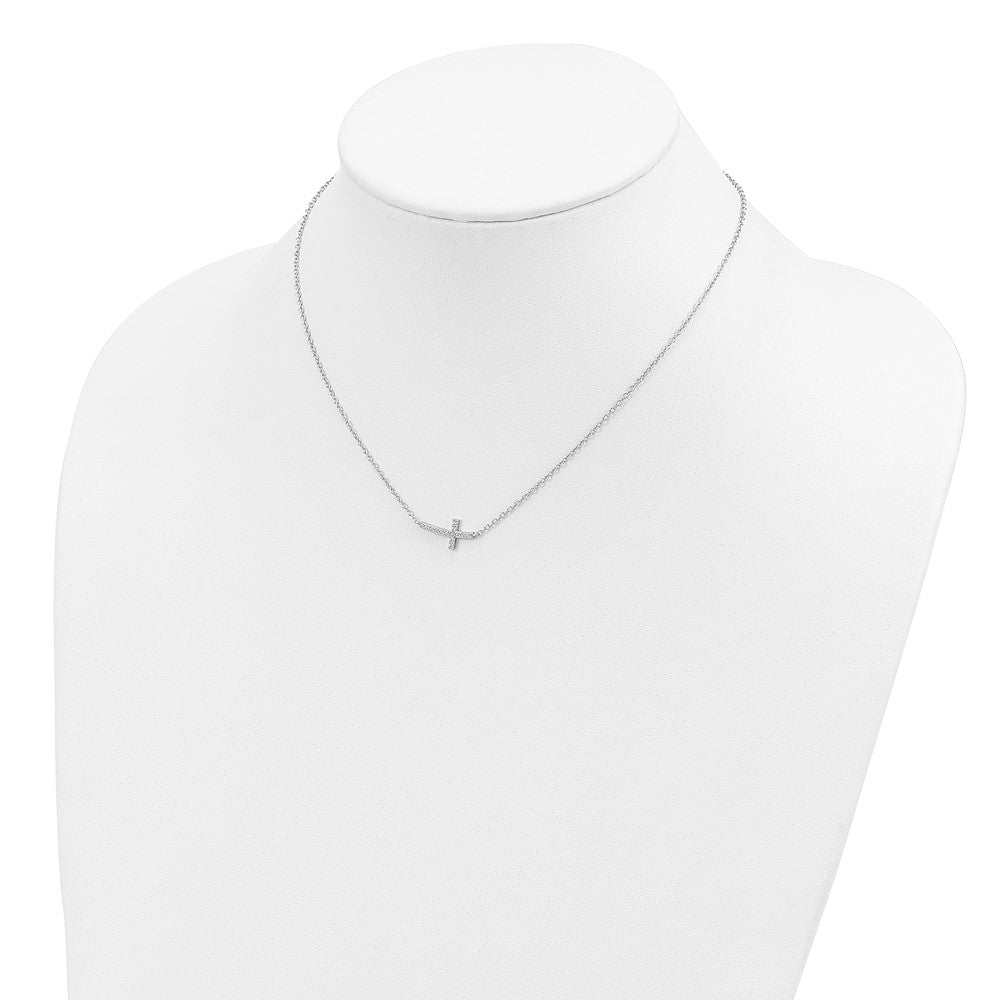 Sterling Silver Rhodium-plated CZ Sideways Cross w/ ext Necklace