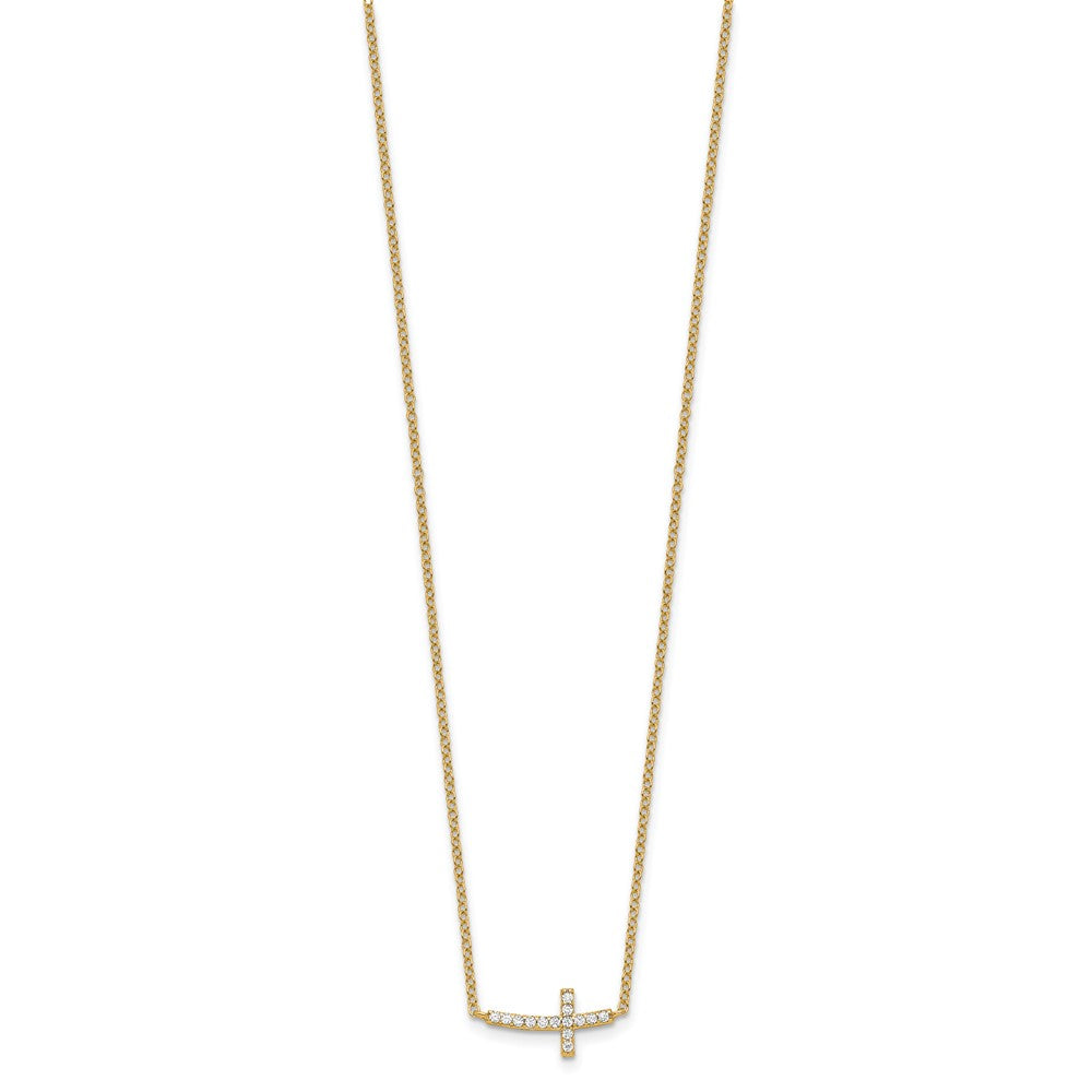 Sterling Silver Gold-plated CZ Sideways Cross w/2 inch ext Necklace