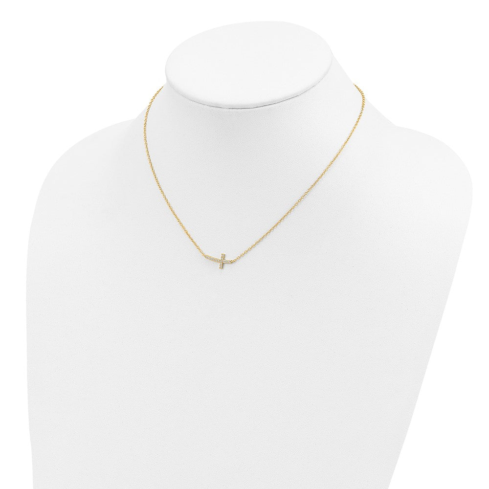 Sterling Silver Gold-plated CZ Sideways Cross w/2 inch ext Necklace