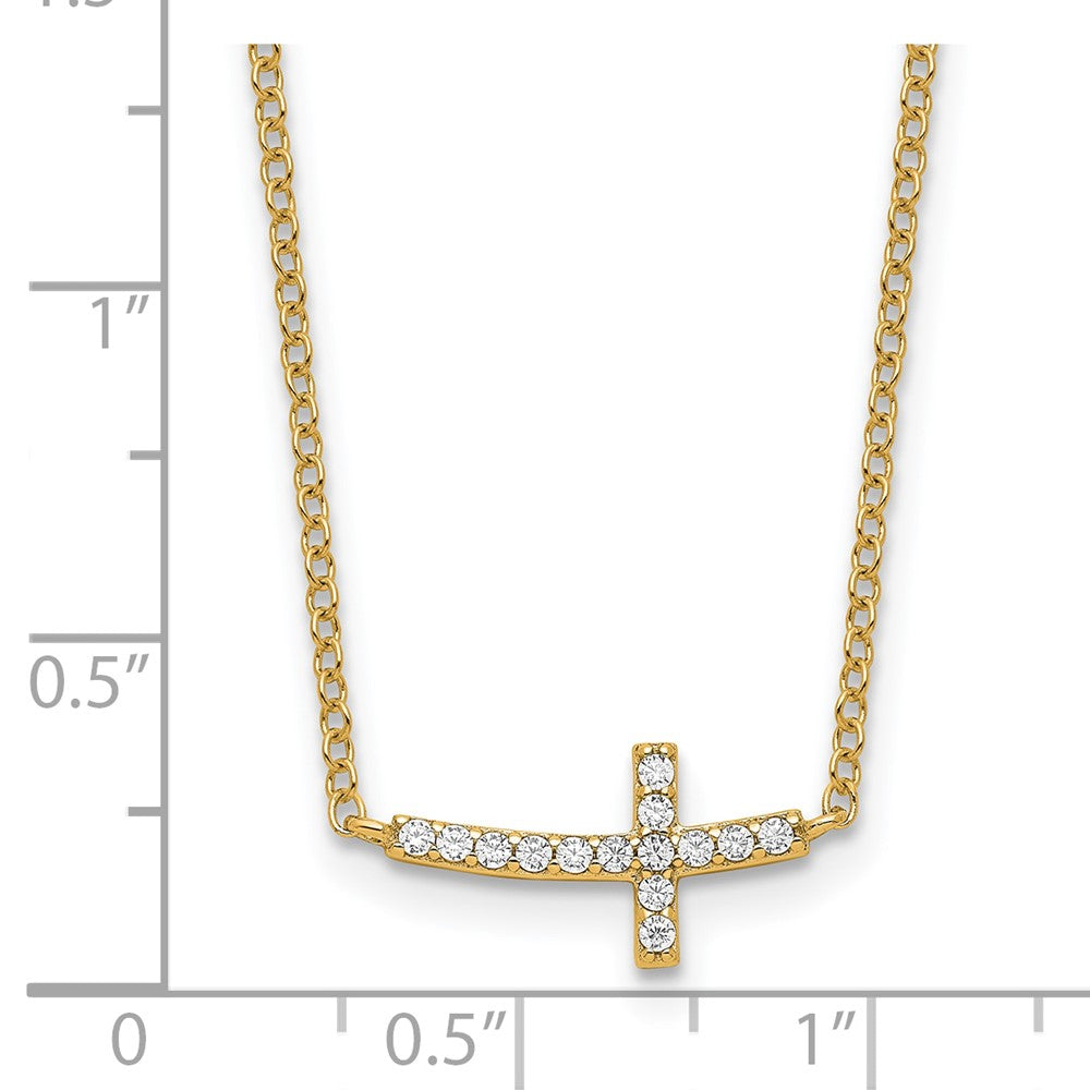 Sterling Silver Gold-plated CZ Sideways Cross w/2 inch ext Necklace