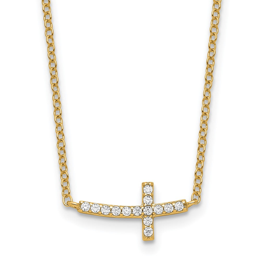 Sterling Silver Gold-plated CZ Sideways Cross w/2 inch ext Necklace