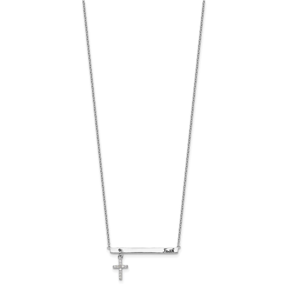 Sterling Silver RH-plated CZ Cross Enamel FAITH 16in w/2inext. Bar Necklace