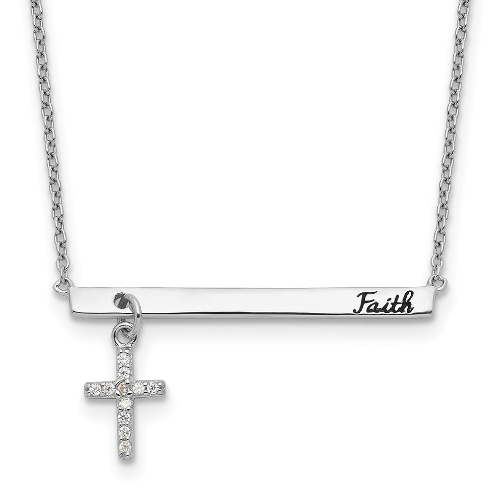 Sterling Silver RH-plated CZ Cross Enamel FAITH 16in w/2inext. Bar Necklace