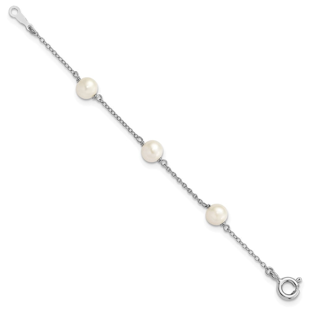 Sterling Silver RH-pltd Semi-round 3 station 5-5.5mm FWC Pearl 4in Bracelet