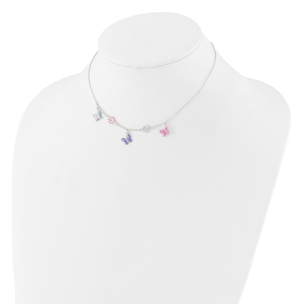 Sterling Silver Polished Enameled Floral & Butterfly 14in Necklace