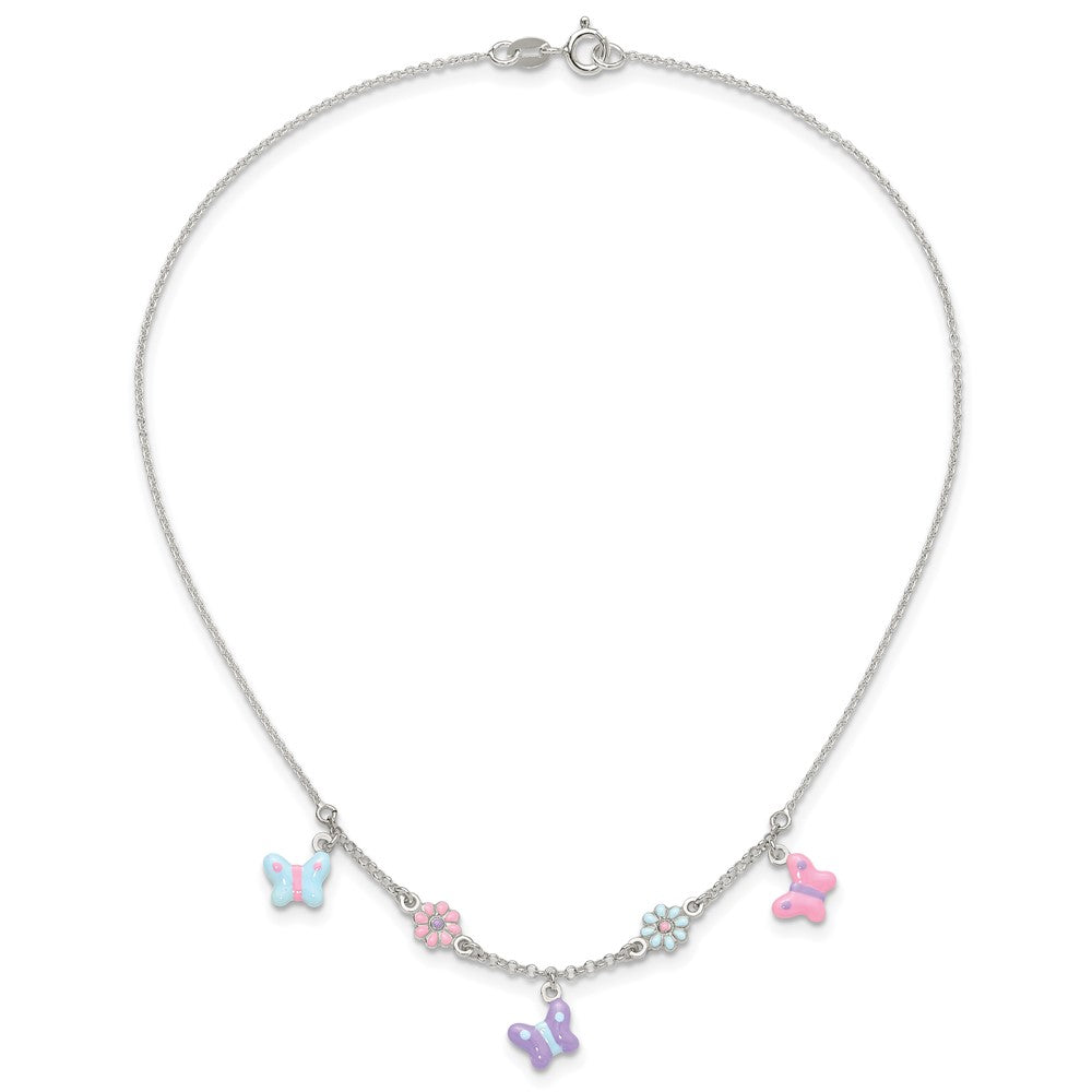 Sterling Silver Polished Enameled Floral & Butterfly 14in Necklace