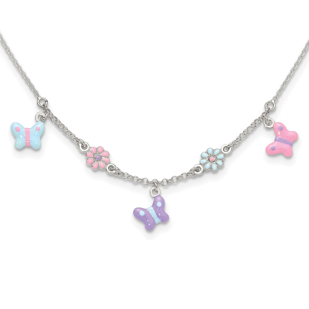 Sterling Silver Polished Enameled Floral & Butterfly 14in Necklace