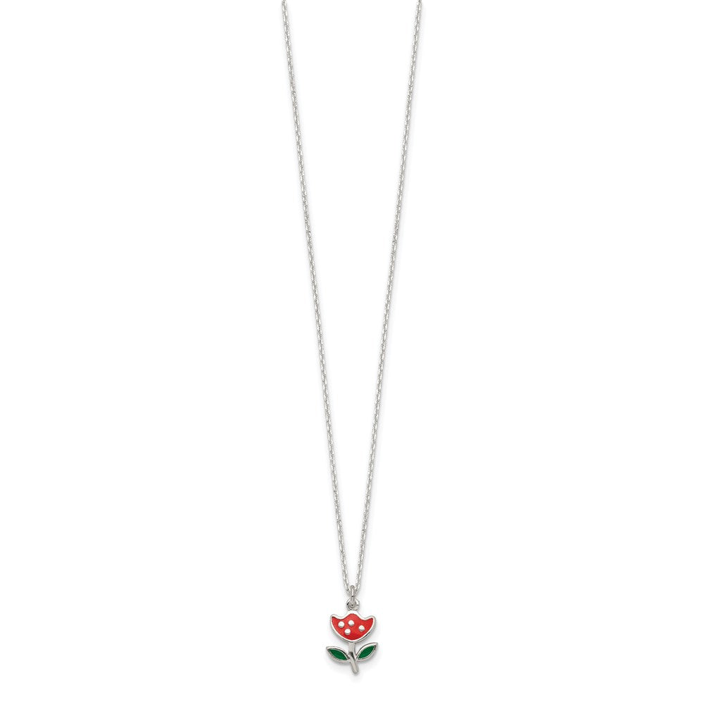 Sterling Silver Polished Red & Green Enameled Flower 14 Inch Necklace