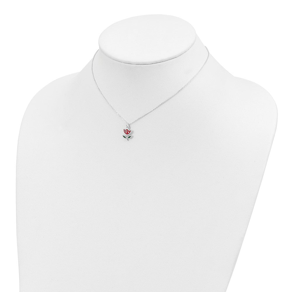 Sterling Silver Polished Red & Green Enameled Flower 14 Inch Necklace
