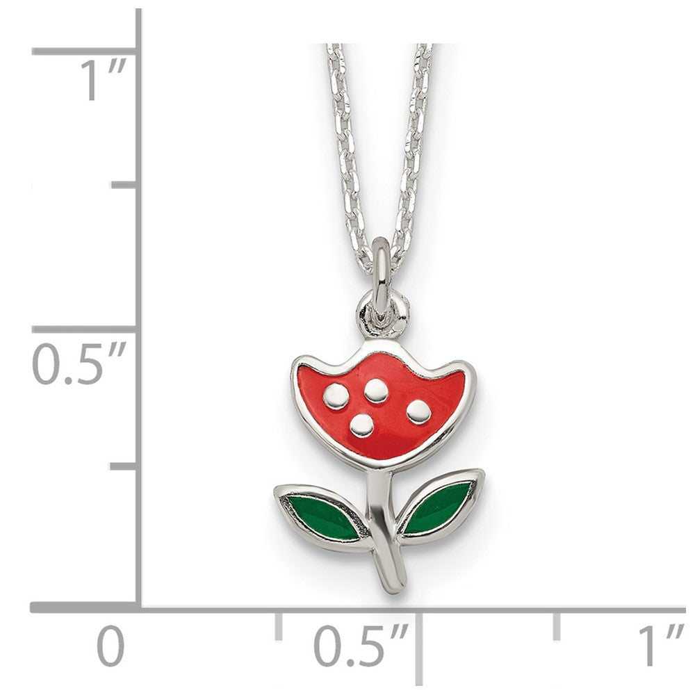Sterling Silver Polished Red & Green Enameled Flower 14 Inch Necklace