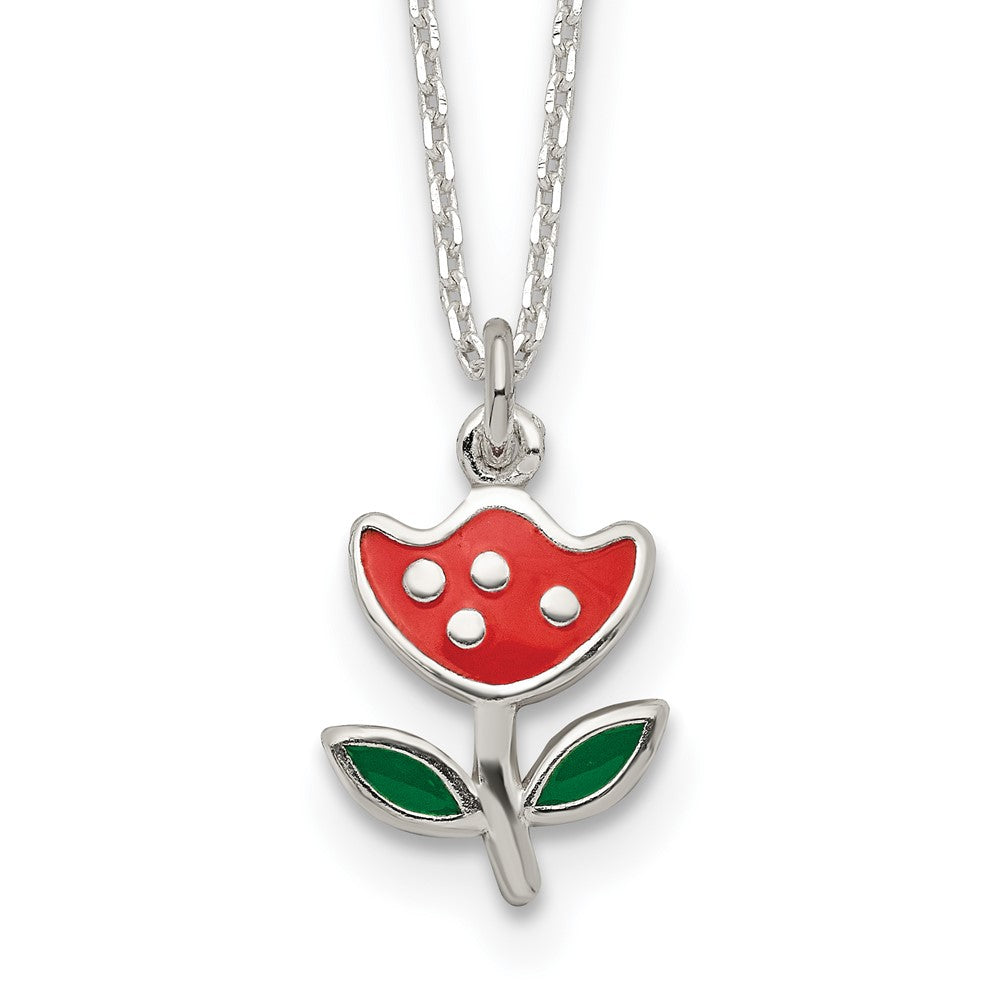 Sterling Silver Polished Red & Green Enameled Flower 14 Inch Necklace