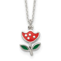 Sterling Silver Polished Red & Green Enameled Flower 14 Inch Necklace