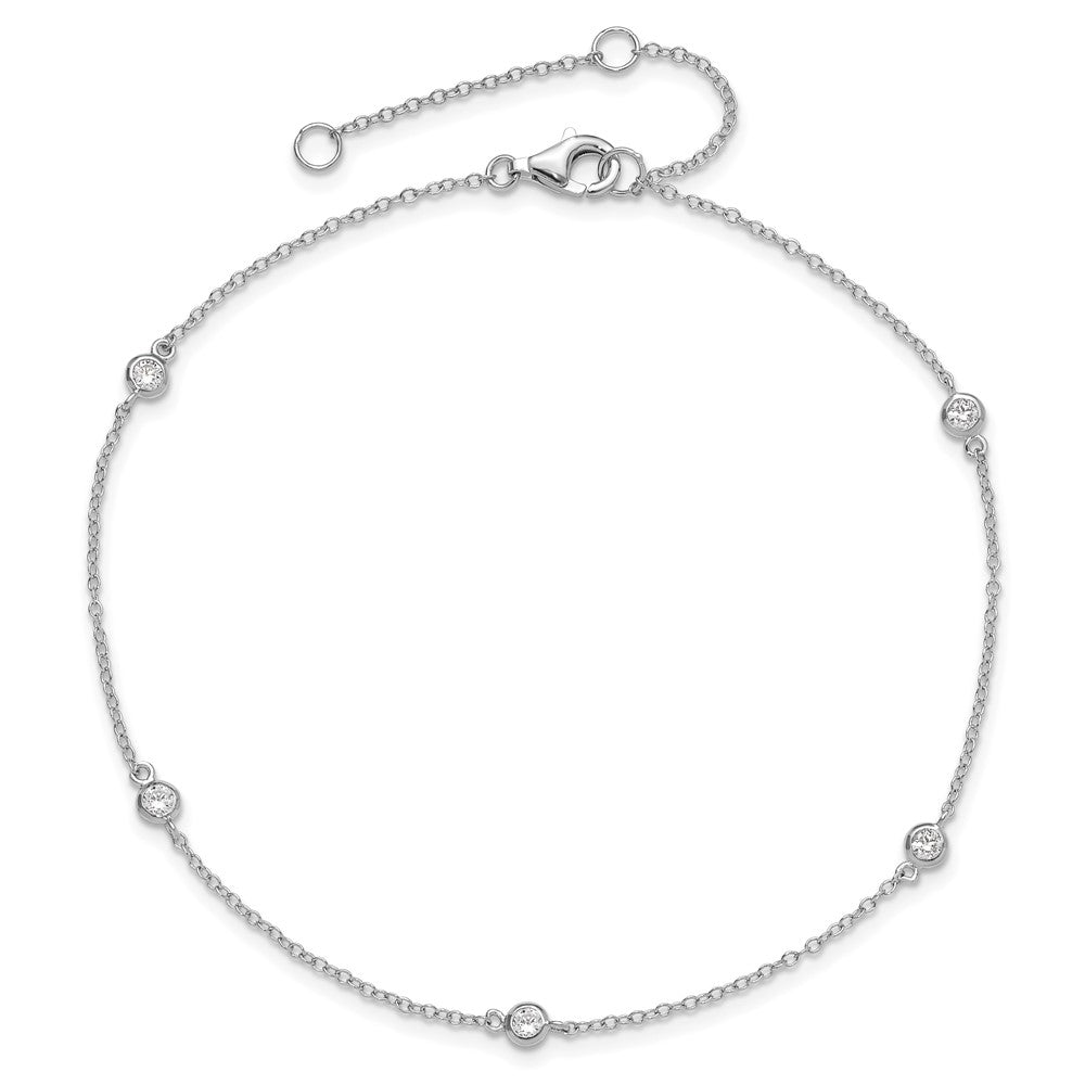 Sterling Silver Rhodium-plated Bezel CZ Plus Ext. Anklet