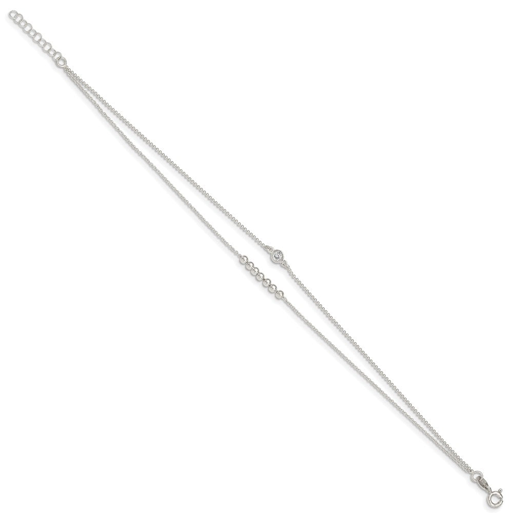 Sterling Silver 2-Strand Beaded CZ 9in Plus 1in Ext. Anklet