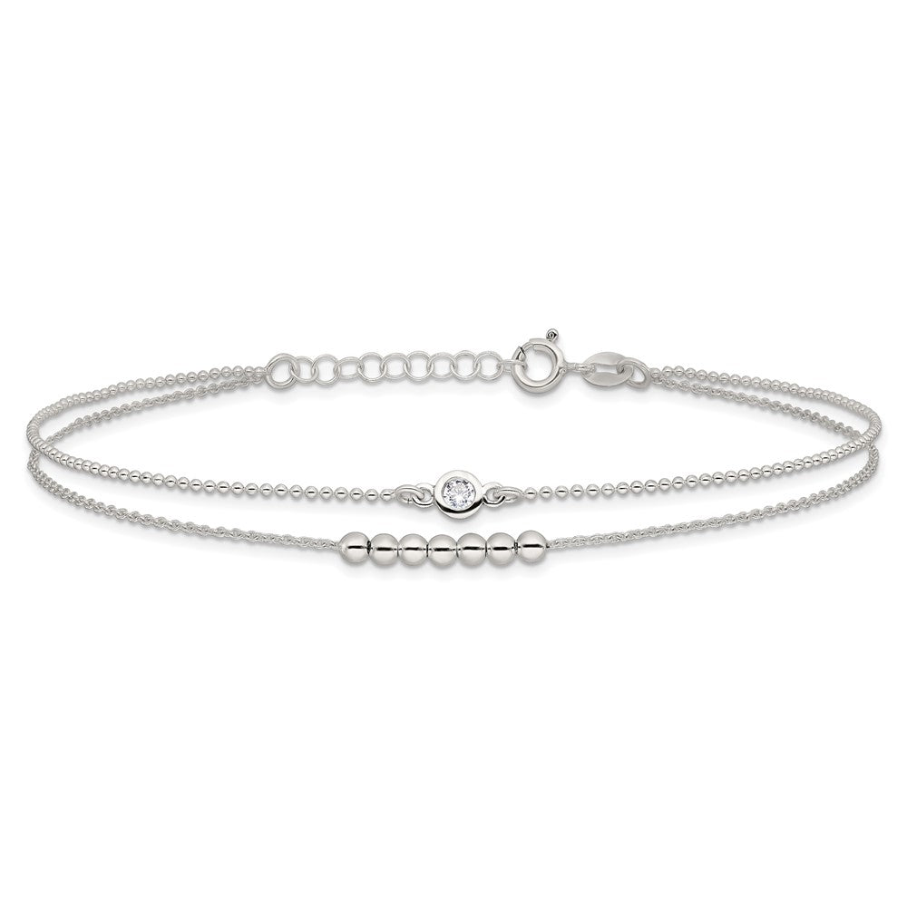 Sterling Silver 2-Strand Beaded CZ 9in Plus 1in Ext. Anklet