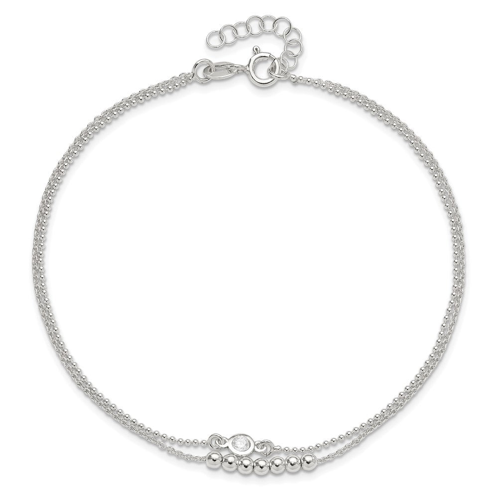 Sterling Silver 2-Strand Beaded CZ 9in Plus 1in Ext. Anklet