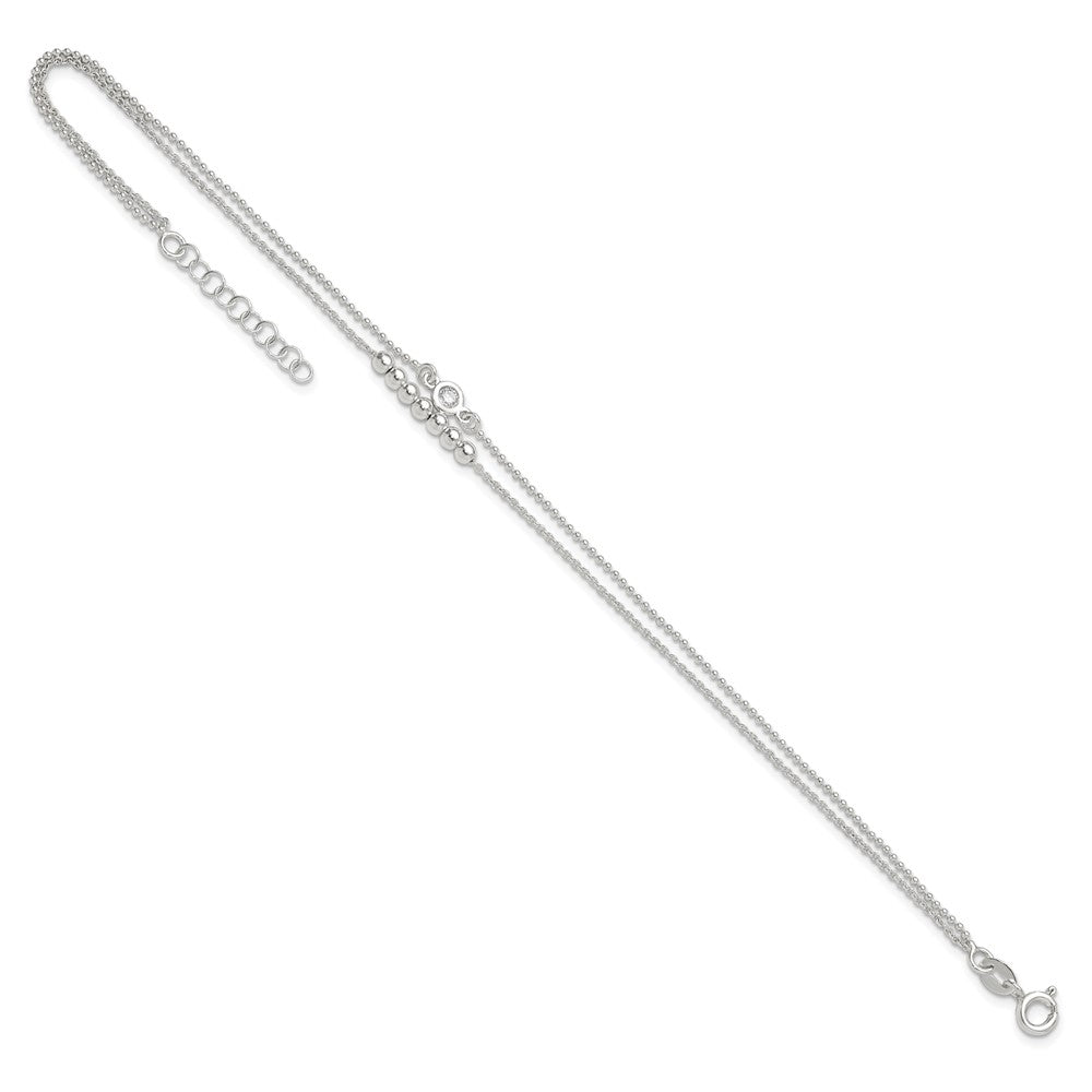 Sterling Silver 2-Strand Beaded CZ 9in Plus 1in Ext. Anklet