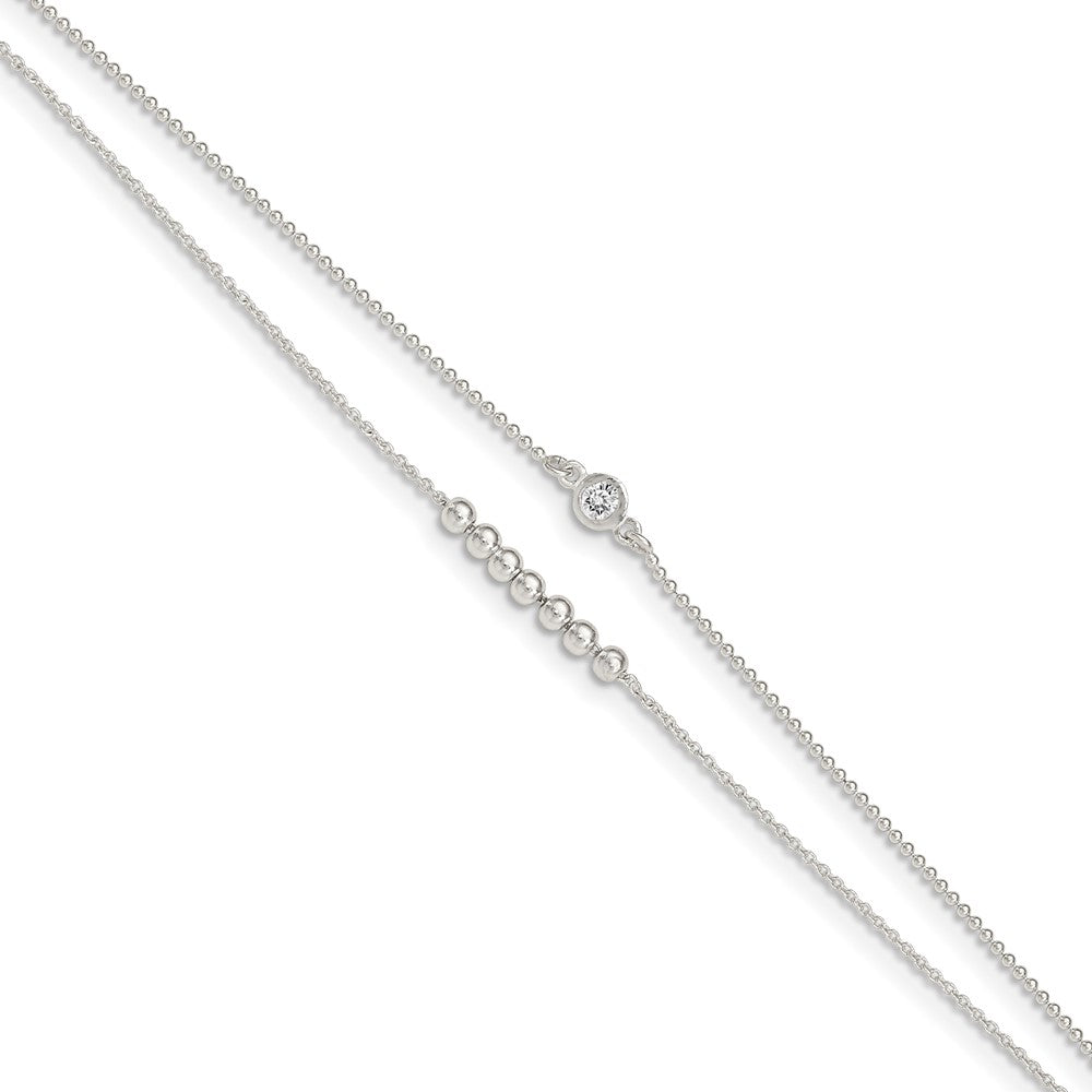 Sterling Silver 2-Strand Beaded CZ 9in Plus 1in Ext. Anklet
