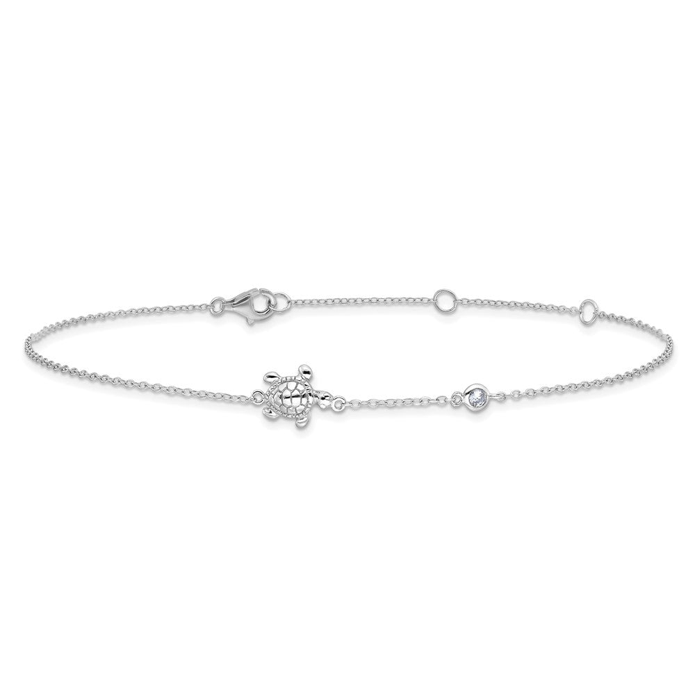 Sterling Silver Rhodium-plated CZ Turtle 9 + 2in Anklet
