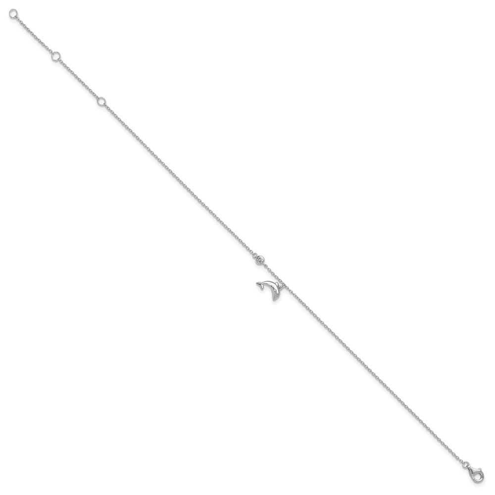 Sterling Silver Rhodium-plated Polished CZ Dolphin 9 +2in Anklet